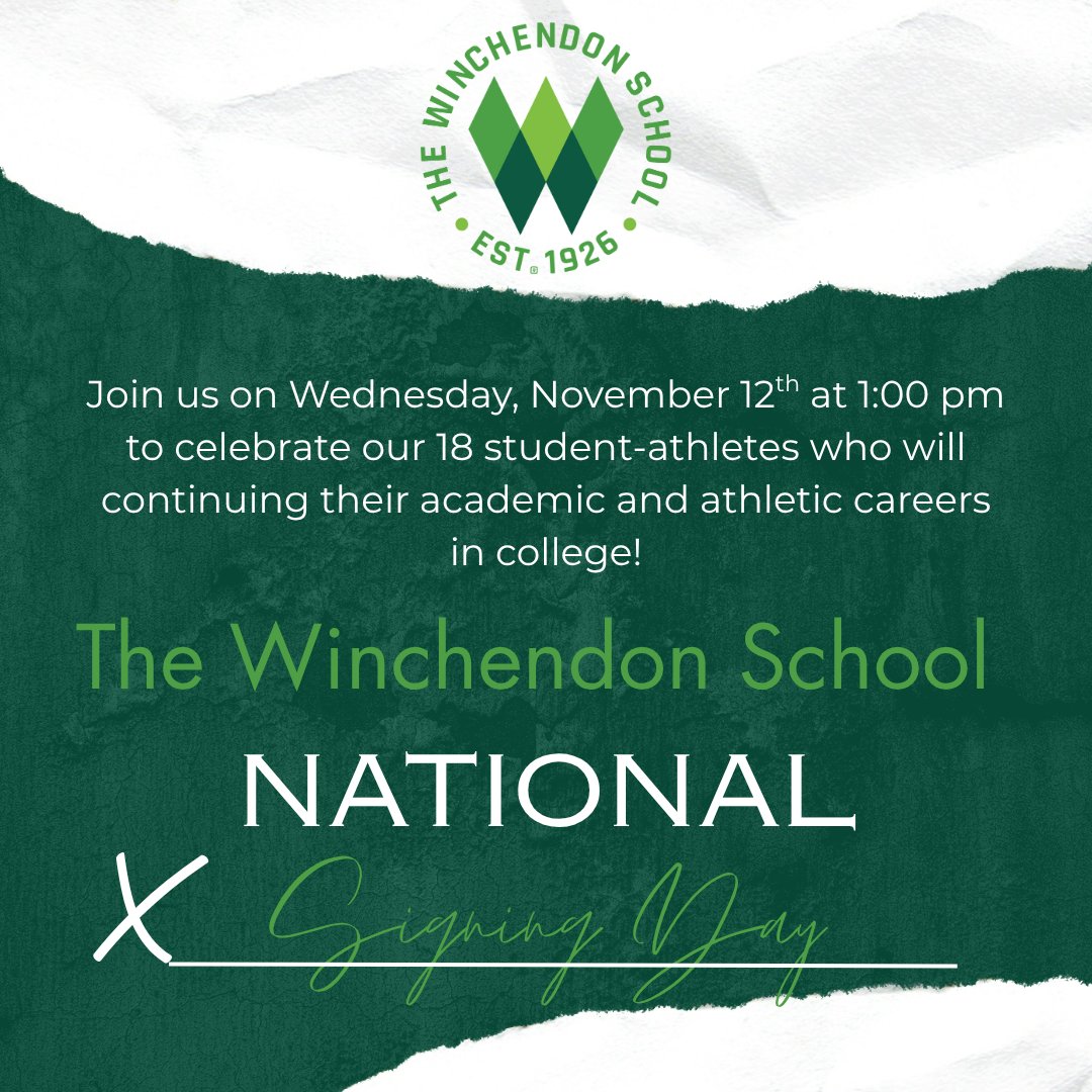 Join us for our first of two National Signing Days for the Class of 2026! We're celebrating the incredible 18 student athletes and their commitments to collegiate athletics on November 12 at 1:00 PM in Trustees Hall. We hope to see you there! <a href="/WinchAthletics/">Winchendon Athletics</a>