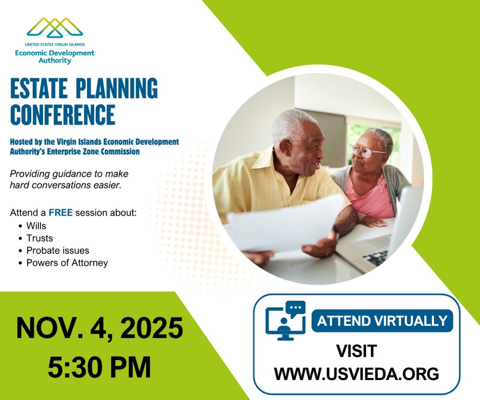 USVI_EDA's tweet image. Didn’t get a chance to register for the Estate Planning Conference?
You can still join us virtually for FREE!

📅 Nov. 4 | 🕔 5:30 PM | 💻 Zoom link at hubs.la/Q03RDCJ00

Virtual check-in: 5:15 PM

Learn how to protect your family’s future — don’t miss out!
#VIEDA #EZC