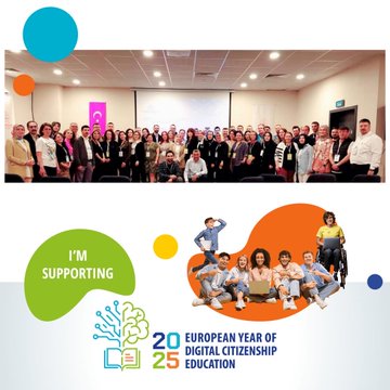 First image displays a group of about 15 adults in professional attire standing together in a modern room with large windows and a Turkish flag on the wall some wearing lanyards others in suits and dresses with overlaid graphics including green and orange bubbles text reading I am Supporting and icons of a laptop book and brain representing digital education alongside the logo for 2025 European Year of Digital Citizenship Education. Second image shows a larger group of around 30 professionals on a stage in a conference setting with a screen projector Turkish flag and name badges visible people dressed formally in various colors including suits dresses and casual wear with similar overlaid graphics of supportive text diverse figures using devices and the same educational year branding.