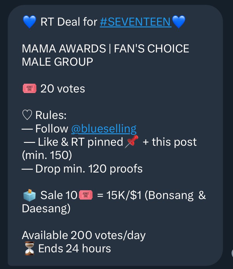 hnniehey's tweet image. 💙 RT Deal for #SEVENTEEN #2025MAMAVOTE 

MAMA AWARDS | FAN'S CHOICE MALE GROUP 

🎟 20 votes

♡ Rules: 
— Follow @blueselling
 — Like &amp;amp; RT pinned📌 + this post (min. 150)
— Drop min. 120 proofs

🗳 Sale 10🎟 = 15K/$1 (Bonsang  &amp;amp; Daesang)

Available 200 votes/day
⏳Ends 24 hours