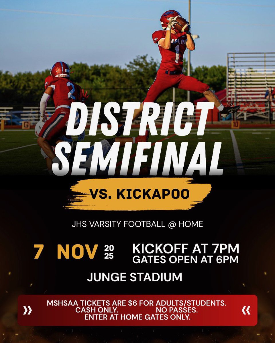 Let's pack Junge Stadium this Friday night for Football District Semifinals vs. Kickapoo! 

Gates open at 6pm, kickoff is at 7pm. Tickets are available at the gate for $6 (cash only) for adults and students. No passes will be accepted.