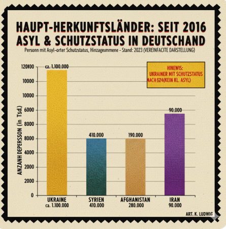 Asylanten und Schutzsuchende seit 2016 nach Ländern. Was Straftaten in den Medien angeht sind Syrer gefühlt überrepräsentiert. Von Ukrainern liest man da wenig bis gar nicht. 
Aber das Verhältnis der Balken? 5. Versuch mit einer KI. Kommen die meisten Diagramme auf X von KIs? 😆