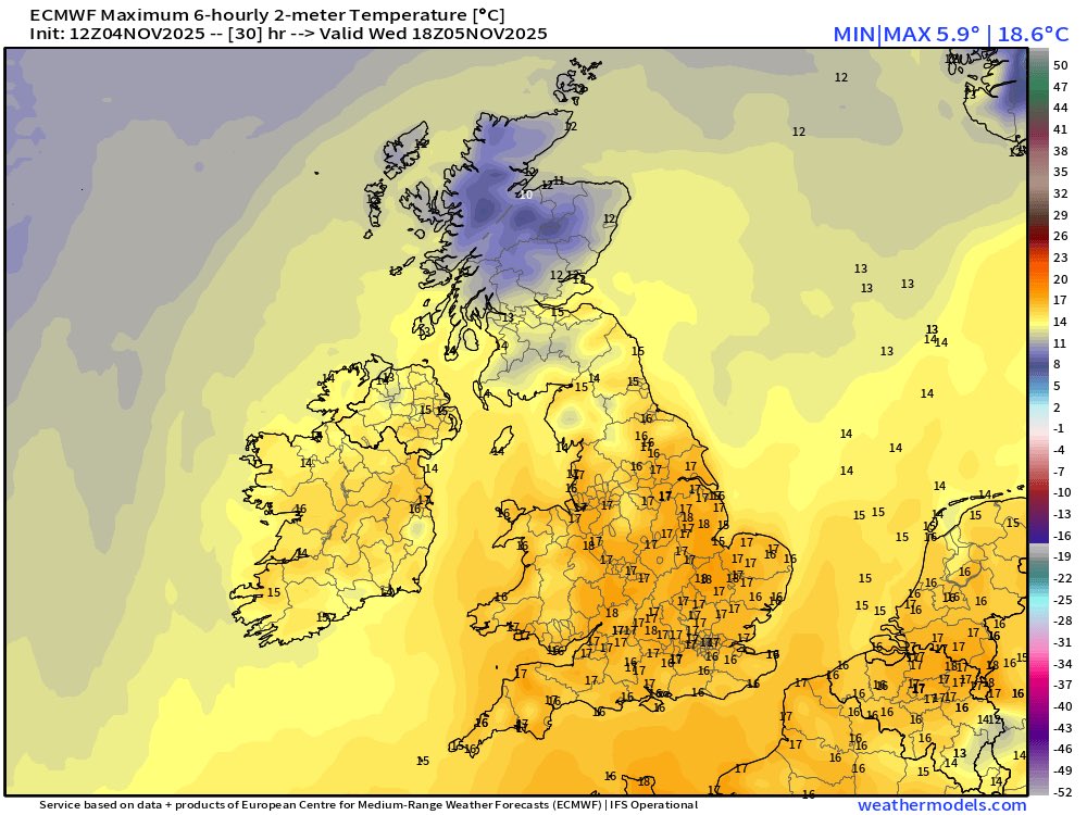 TheSnowDreamer's tweet image. Guy Fawkes Day tomorrow and it’s looking balmy with 18C possibly quite extensive across England. 

The date record highest max and indeed it’s also November’s highest max for St James’s Park, belongs to 1938, where it reached a remarkable 20.6C so not coming close. 

87 years on,…