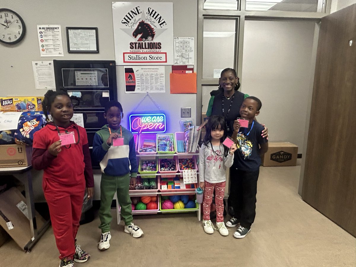 Jones46Sheri's tweet image. Our Stallion SHINE PBIS Store is OPEN! Congrats to Ms. Herrera’s 1st grade students who received 15 staff signatures on their rewards card to claim their well deserved prize of choice! #LevelUp @JSES_Stallions @LopezprinciPAL @FortBendISD @PBISRewards