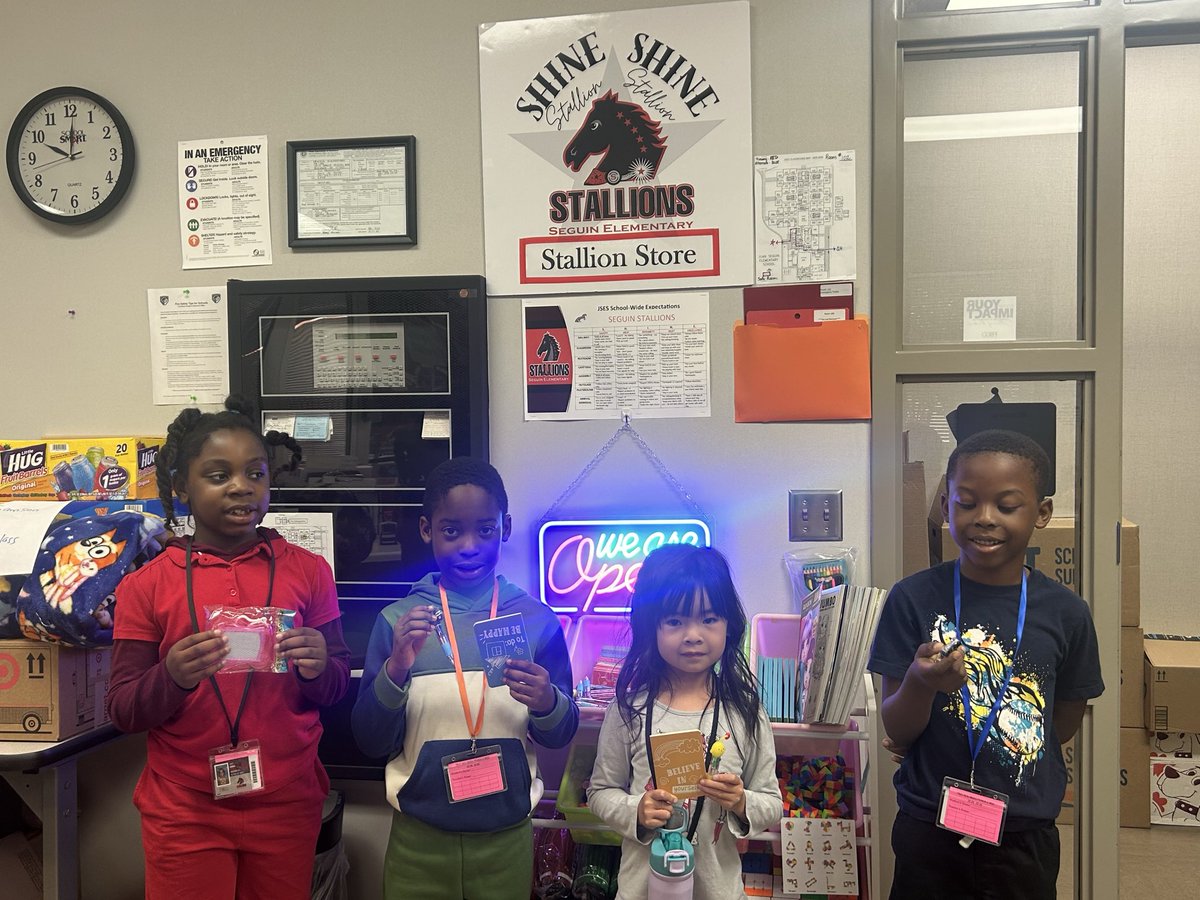Jones46Sheri's tweet image. Our Stallion SHINE PBIS Store is OPEN! Congrats to Ms. Herrera’s 1st grade students who received 15 staff signatures on their rewards card to claim their well deserved prize of choice! #LevelUp @JSES_Stallions @LopezprinciPAL @FortBendISD @PBISRewards