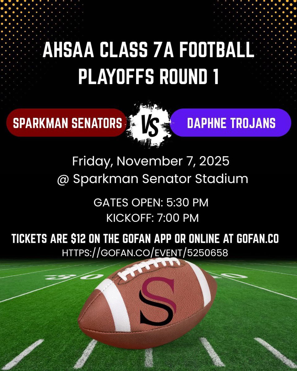 AHSAA Class 7A Football Playoffs Round 1. We’ll see you at the Capitol on Friday night! Go Senators! 🏈🏛 🏆<a href="/SenatorsFB/">Senator Football</a> <a href="/SHSSenators/">Sparkman High School</a> <a href="/MCSSAthletics/">MCSS Athletics</a>