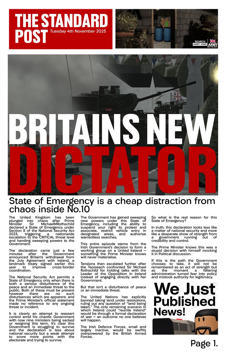 The Standard Post #004 

👊 Britain's New Dictator.
❓ State of Emergency for what?
🤣 Irish left laughing.

Read now ⤵️
drive.google.com/file/d/1pxtLXk…