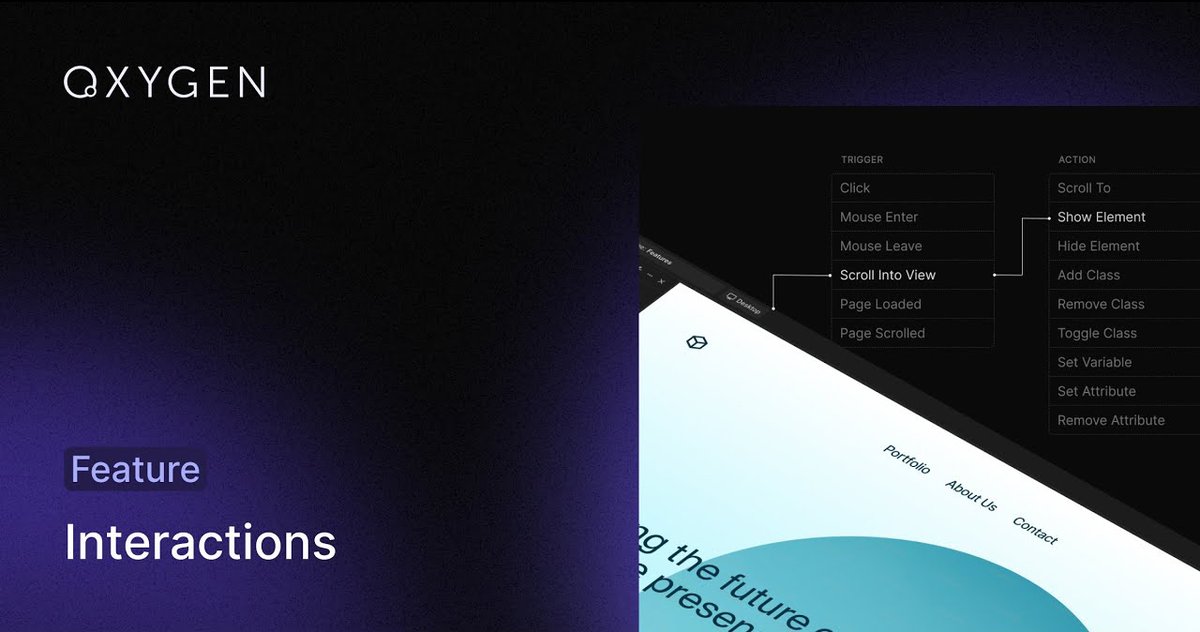🎯 Create dynamic and incredible experiences without sacrificing performance.

Oxygen Interactions let you add smart actions to any element: buttons, popups, sliders, dynamic menus, galleries, and more. Oxygen only loads the necessary code, keeping your site ultra-fast and