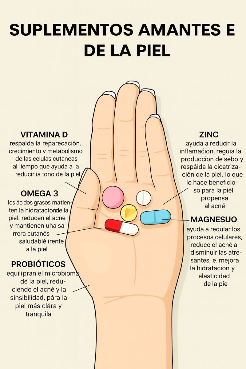 TrascendenciaX_'s tweet photo. SUPLEMENTOS PARA EL CUIDADO DE LA PIEL

VITAMINA D: Favorece la regeneración, reparación y metabolismo de las células cutáneas, a la vez que ayuda a reducir la inflamación y mejorar el tono de la piel.

ZINC: Ayuda a reducir la inflamación, regula la producción de toxinas y favorece la cicatrización, siendo beneficioso para pieles con tendencia acneica.

OMEGA 3: Los ácidos grasos mantienen la hidratación de la piel, reducen el enrojecimiento y fortalecen la barrera cutánea combatiendo la inflamación.

MAGNESIO: Ayuda a regular los procesos celulares, reduce la hormona del estrés que causa el acné y mejora la hidratación y elasticidad de la piel.

PROBIÓTICOS: Equilibran la microbiota cutánea, reduciendo el acné y la sensibilidad para una piel limpia y calmada.