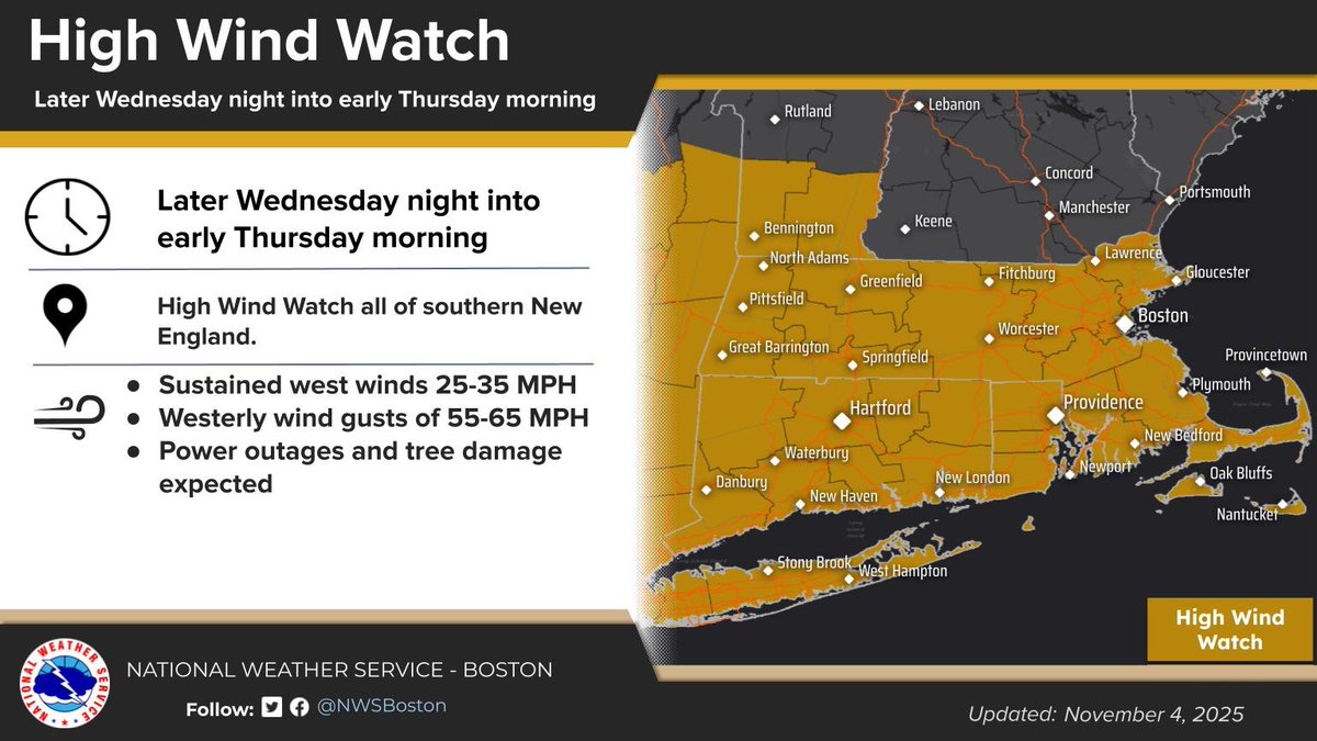 NWSBoston's tweet image. [High Wind Watch later Wed night into early Thu morning] High Wind Watch is in effect later Wed night into early Thu morning for westerly wind gusts of 55 to 65 mph. Tree damage and power outages are expected.