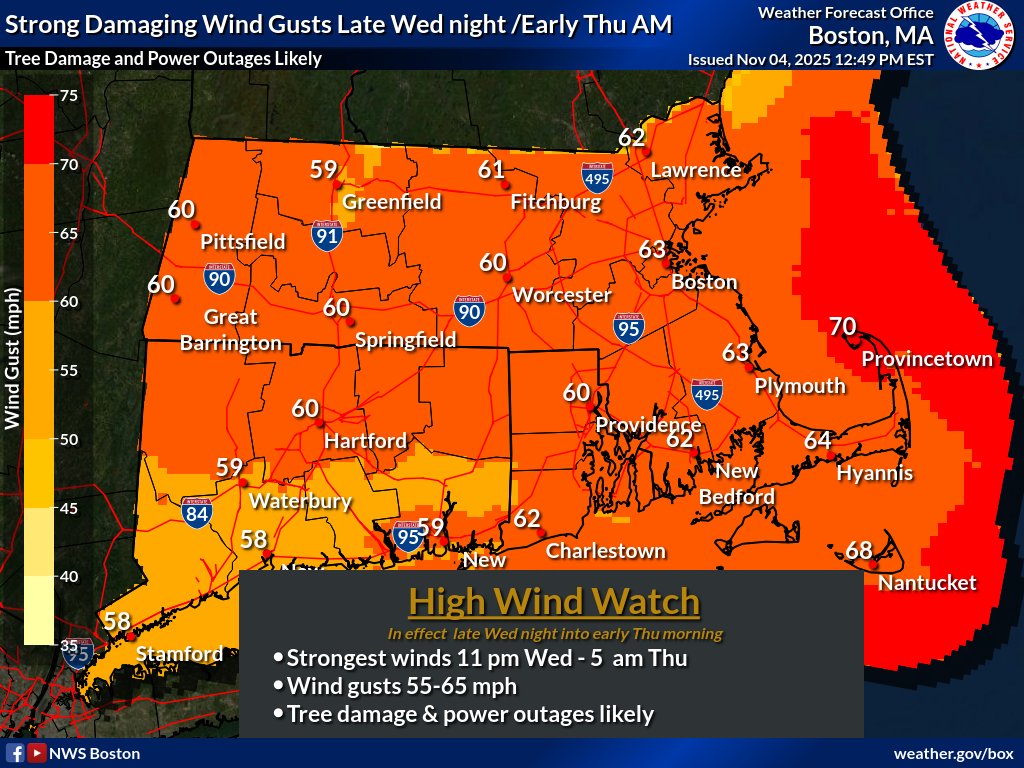 NWSBoston's tweet image. [High Wind Watch later Wed night into early Thu morning] High Wind Watch is in effect later Wed night into early Thu morning for westerly wind gusts of 55 to 65 mph. Tree damage and power outages are expected.