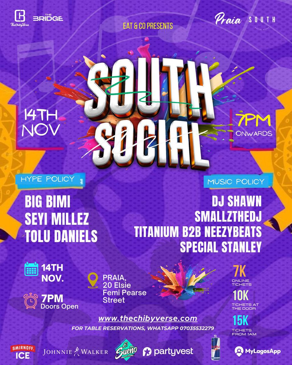 South Socials, we’re back again 🔥💜

Date: 14th of Nov.
Music: <a href="/DeeJayShawn_/">DJ Shawn</a> | <a href="/Smallztheedj/">SMALLZ THE DJ</a> | <a href="/whoistitanium/">No Titanium No Party</a> | <a href="/iam_neezy/">Ade👑</a> | <a href="/SpecialSTANLEY_/">Special</a> 
Hypemen: <a href="/badboymillez/">Seyi Millez.</a> | <a href="/TheToluDaniels_/">The Party Animal</a> | Big Bimi 

Thechibyverse.com for tickets 🎟️ 
WhatsApp 07035532279 for Table