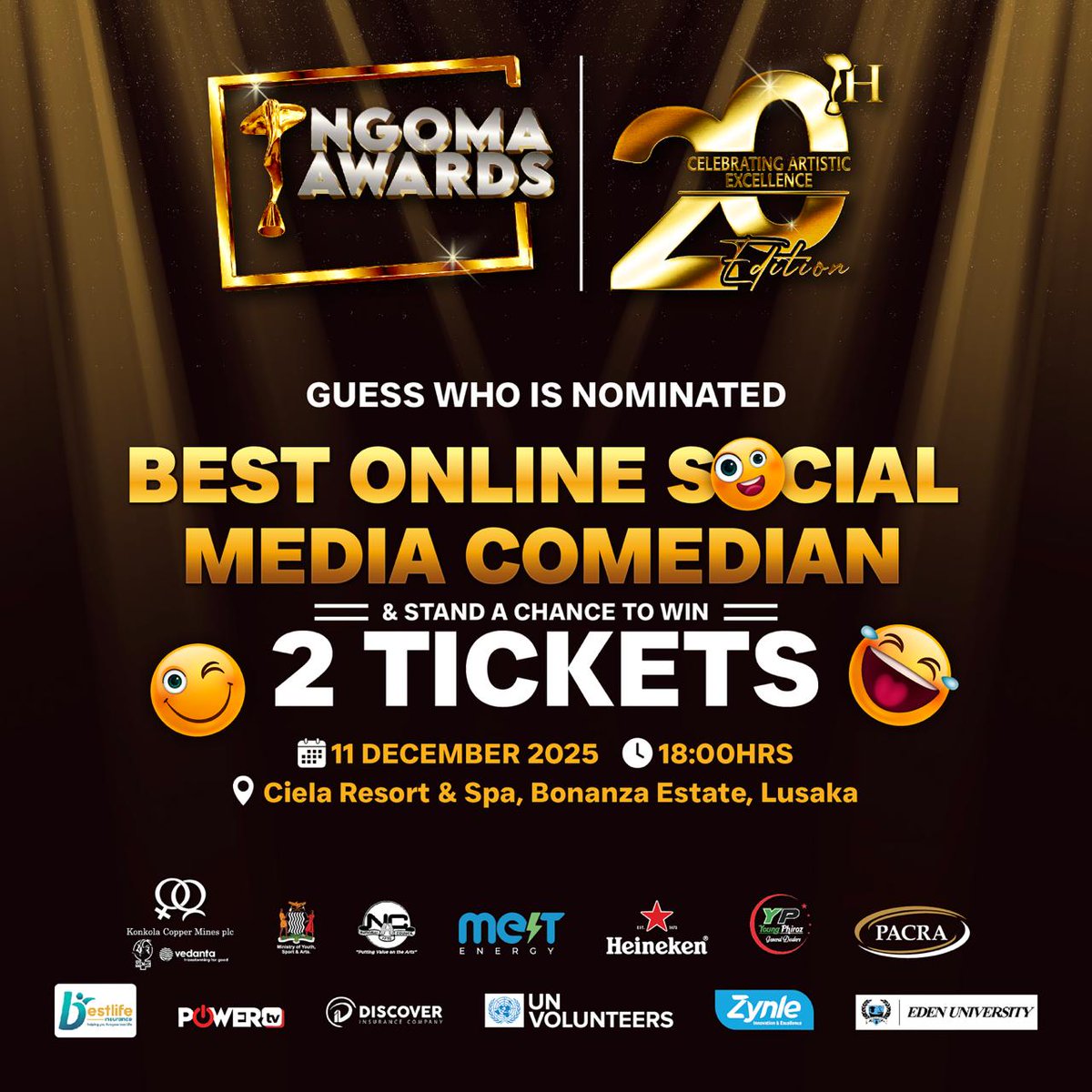 AliRajab1451189's tweet photo. π GUESS & WIN! π
Whoβs nominated for Best Online Social Media Comedian?
Comment your guess & follow us to WIN 2 TICKETS to the 20th Ngoma Awards!
See you on Dec 11!
#NgomaAwards2025 #NgomaAt20 #ZambianArts #MadeInZed
#Ngomaawards2025 #Ngoma@20 #YalilaNgoma https://t.co/RboX1TJ6R8
