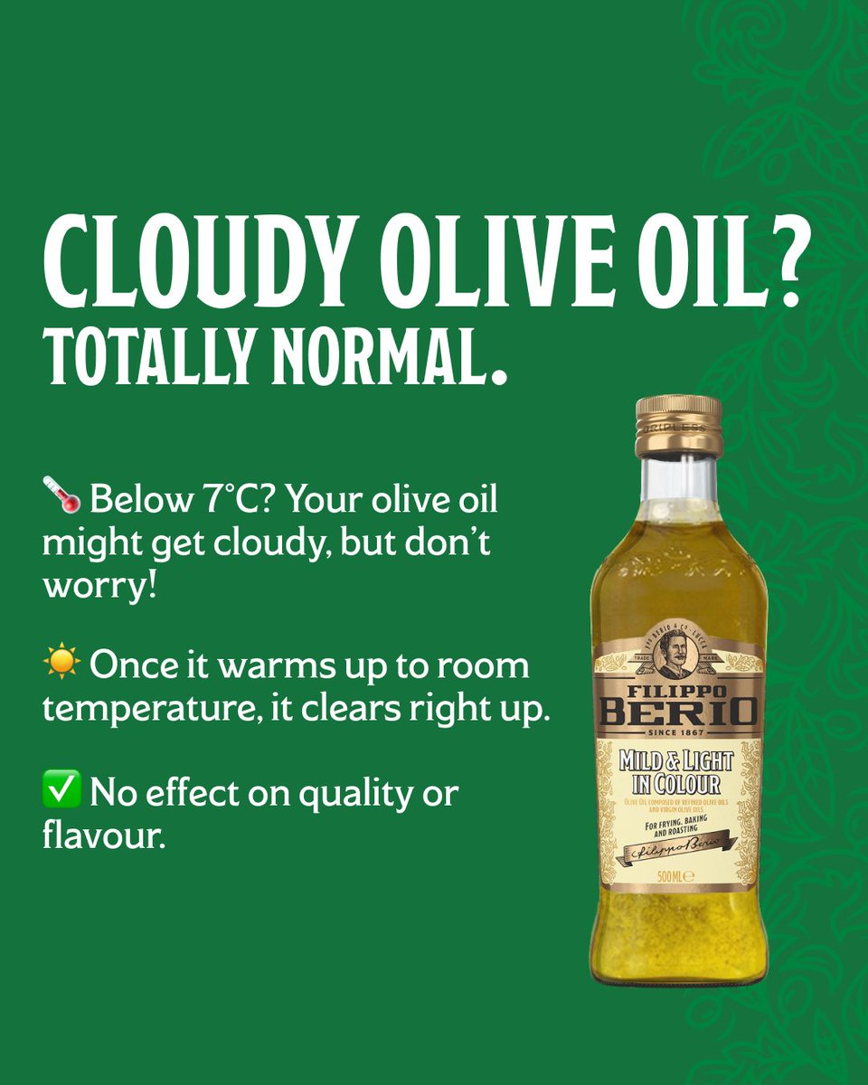 Ever spotted cloudy olive oil on a cold day and thought something was wrong? ❄️

Olive oil naturally turns cloudy (and can even solidify) when stored below 7 °C.
As soon as it warms back to room temperature, it returns to clear with the same taste and quality.