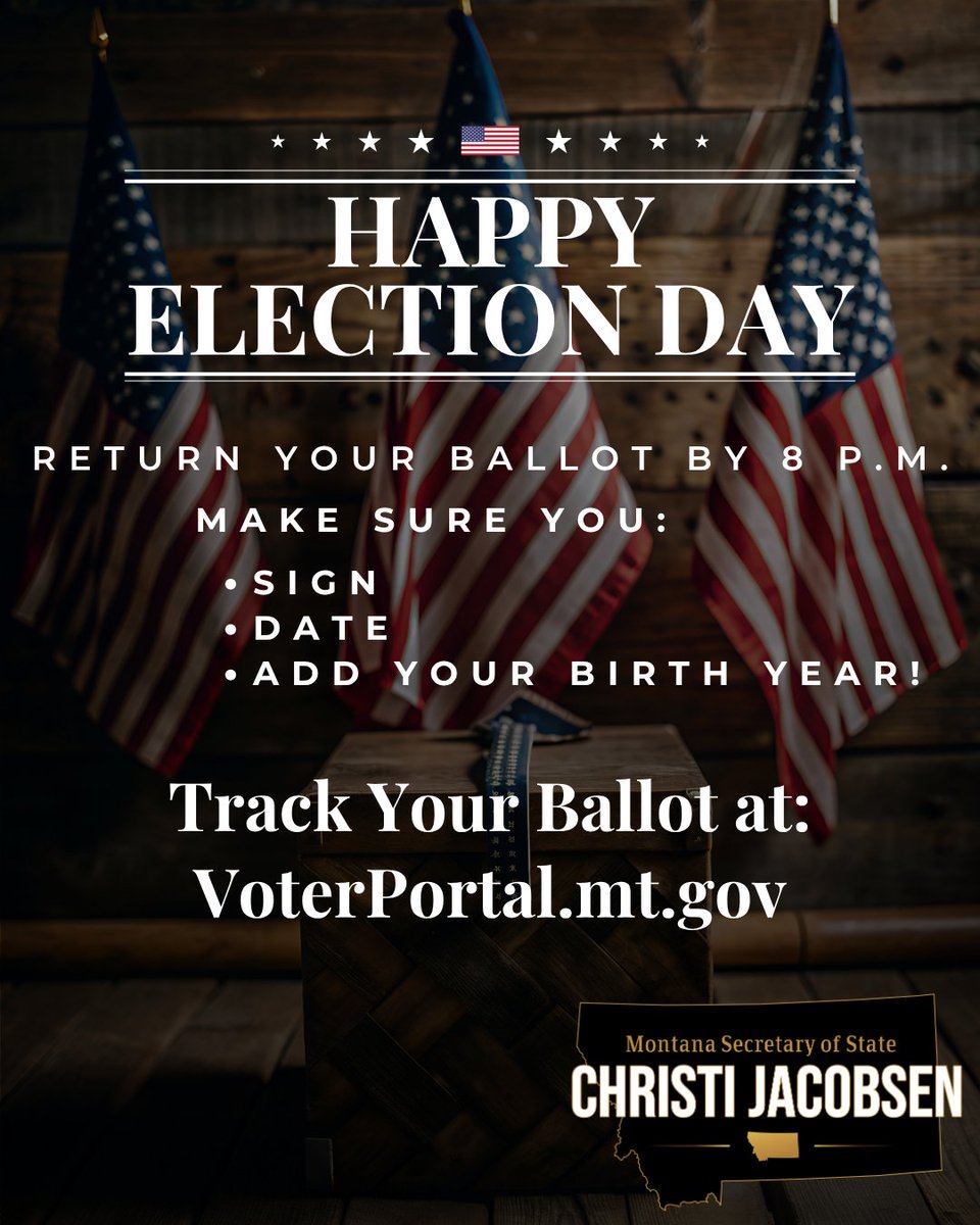 SOSJacobsen's tweet photo. It's Election Day in many places across Montana! We want your voice to be heard, and there's still time to deliver your ballot in person! Here are a few quick reminders for Election Day. Thanks for voting, Montana! #mtpol #mtnews #mtelection #mtvote https://t.co/0BHO9I36E2