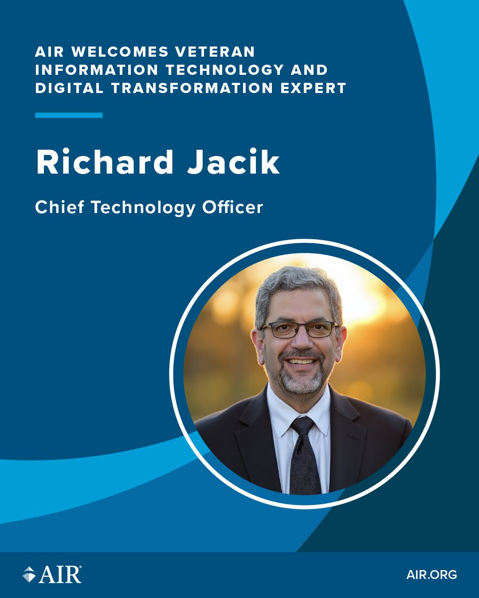 AIRInforms's tweet image. AIR welcomes Richard Jacik as our new Chief Technology Officer!

With 25+ years in IT and digital transformation, Richard will lead improvements to AIR’s tech infrastructure to better serve our clients and communities.

More on his role: air.org/news/press-rel…