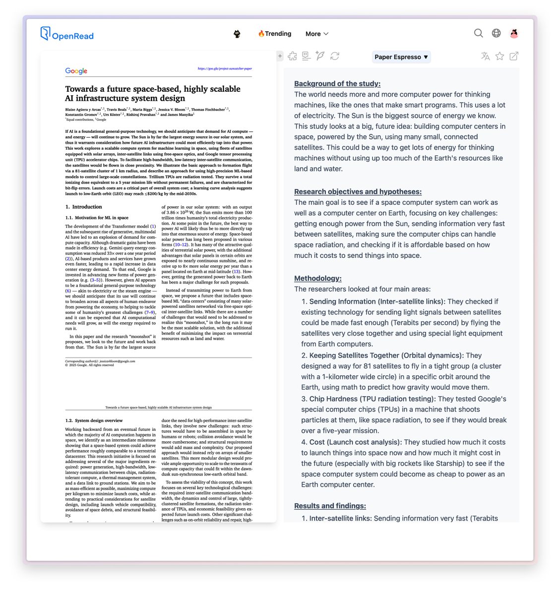 <a href="/sundarpichai/">Sundar Pichai</a> The study behind it:

This paper provides one of the first detailed looks at the feasibility of building large-scale AI computer centers in space.

It connects the high-speed networking needs of modern AI (like those in Google's data centers) to the unique constraints of space,