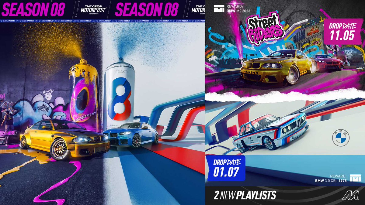 TheCrewGame's tweet image. #TheCrewMotorfest Season 8 is live! 🎮

🧰 Vehicle stance custo!
🛞 New rims &amp;amp; rims custo
🏁 New Grand Race ranked
🚗 21 new cars
🎨 Street Riders Playlist now available
🇩🇪 BMW Playlist available January 7th
…and more to discover! 💥