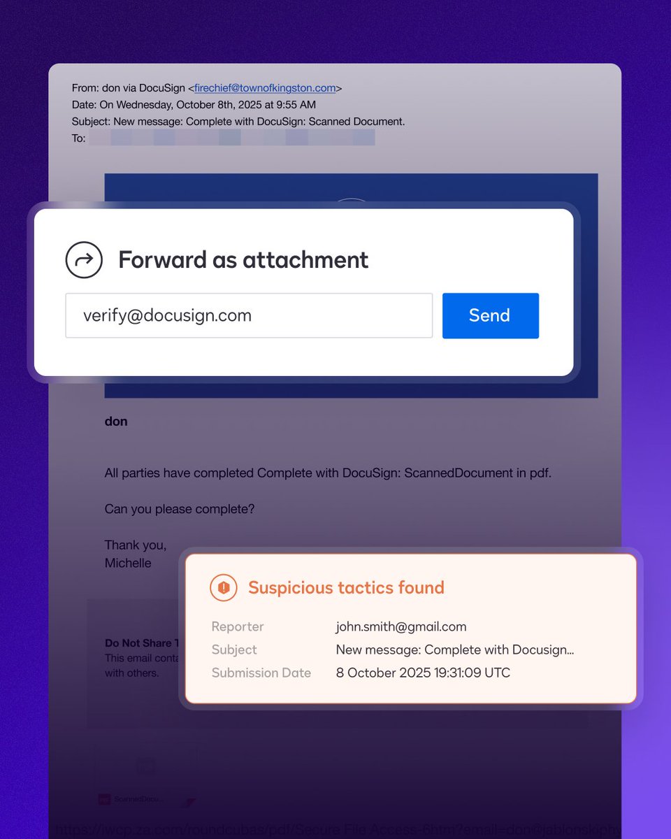 Docusign's tweet image. 🛡️ Received a phishing email impersonating Docusign? We’ve got you.
New fraud verification service: Forward suspicious emails to verify@docusign.com and get confirmation within 2 hours if it&apos;s legit or a scam.