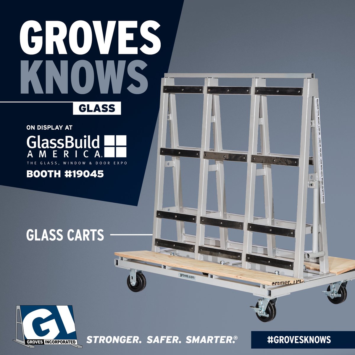 GrovesInc's tweet image. Groves Knows Glass! Stop by Booth #19045 at 
@GlassBuild. Explore our essential glass handling equipment designed for safety and efficiency including the Mini Harp Rack, Glass Carts, and Buggy Buddy.
🚧Tuesday 10a-5pm
🛞Wednesday 10a-5pm
🏢Thursday 9a-1pm
@glassnation #GlassBuild