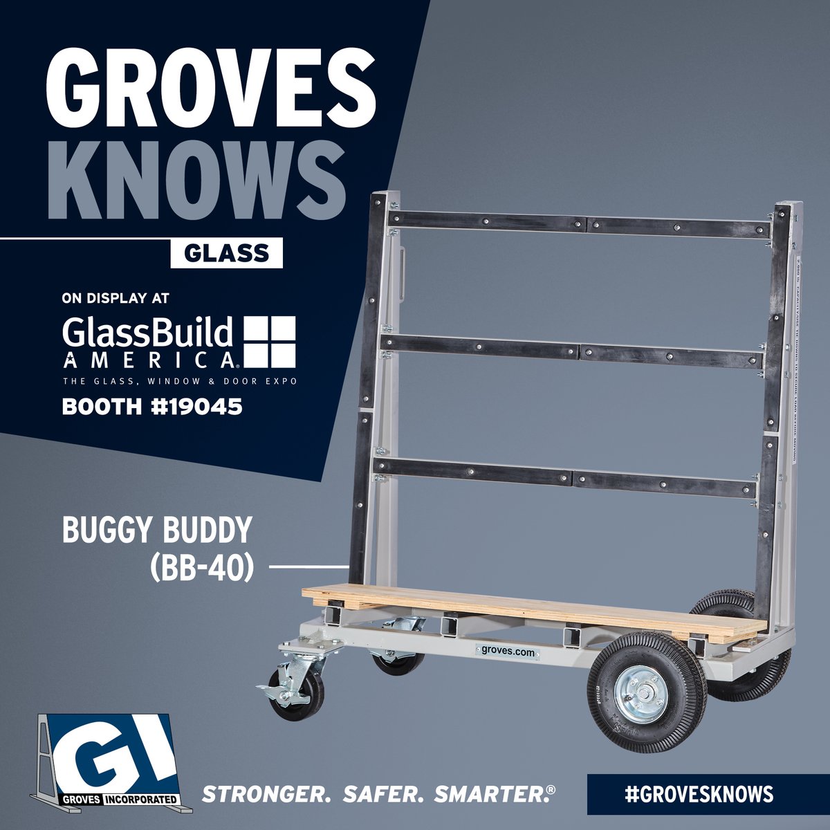 GrovesInc's tweet image. Groves Knows Glass! Stop by Booth #19045 at 
@GlassBuild. Explore our essential glass handling equipment designed for safety and efficiency including the Mini Harp Rack, Glass Carts, and Buggy Buddy.
🚧Tuesday 10a-5pm
🛞Wednesday 10a-5pm
🏢Thursday 9a-1pm
@glassnation #GlassBuild