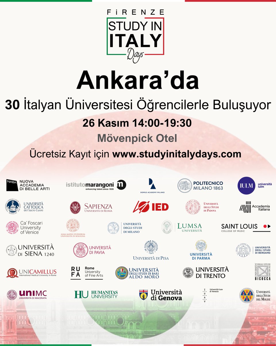 firenzeegitim's tweet photo. 🎓 Study in Italy Days 26 Kasım'da Ankara’da!

İtalya’da eğitim hayalin için ilk adımı at!
Bu yıl 30 İtalyan üniversitesi Ankara’da öğrencilerle buluşuyor.
Moda, tasarım, mimarlık, mühendislik, işletme, sanat, sağlık ve sosyal bilimler alanlarında lisans, yüksek lisans, yaz okulu ve burs fırsatlarını keşfet!

📍 Mövenpick Otel, Ankara
📅 26 Kasım 2025 | 14:00–19:30

İtalya’daki devlet ve özel üniversitelerin temsilcileriyle birebir görüş, sorularını doğrudan sor, burs ve başvuru süreçlerini öğren.

Ayrıca, 30 yıllık tecrübesiyle on binlerce öğrenciyi İtalya'da eğitim hayalleriyle buluşturmuş Firenze Eğitim danışmanlarıyla tanışabilirsiniz!

Katılım ücretsiz!
🔗 Kayıt yapmak veya katılımcı üniversiteleri incelemek için → https://t.co/044GGnfUZF