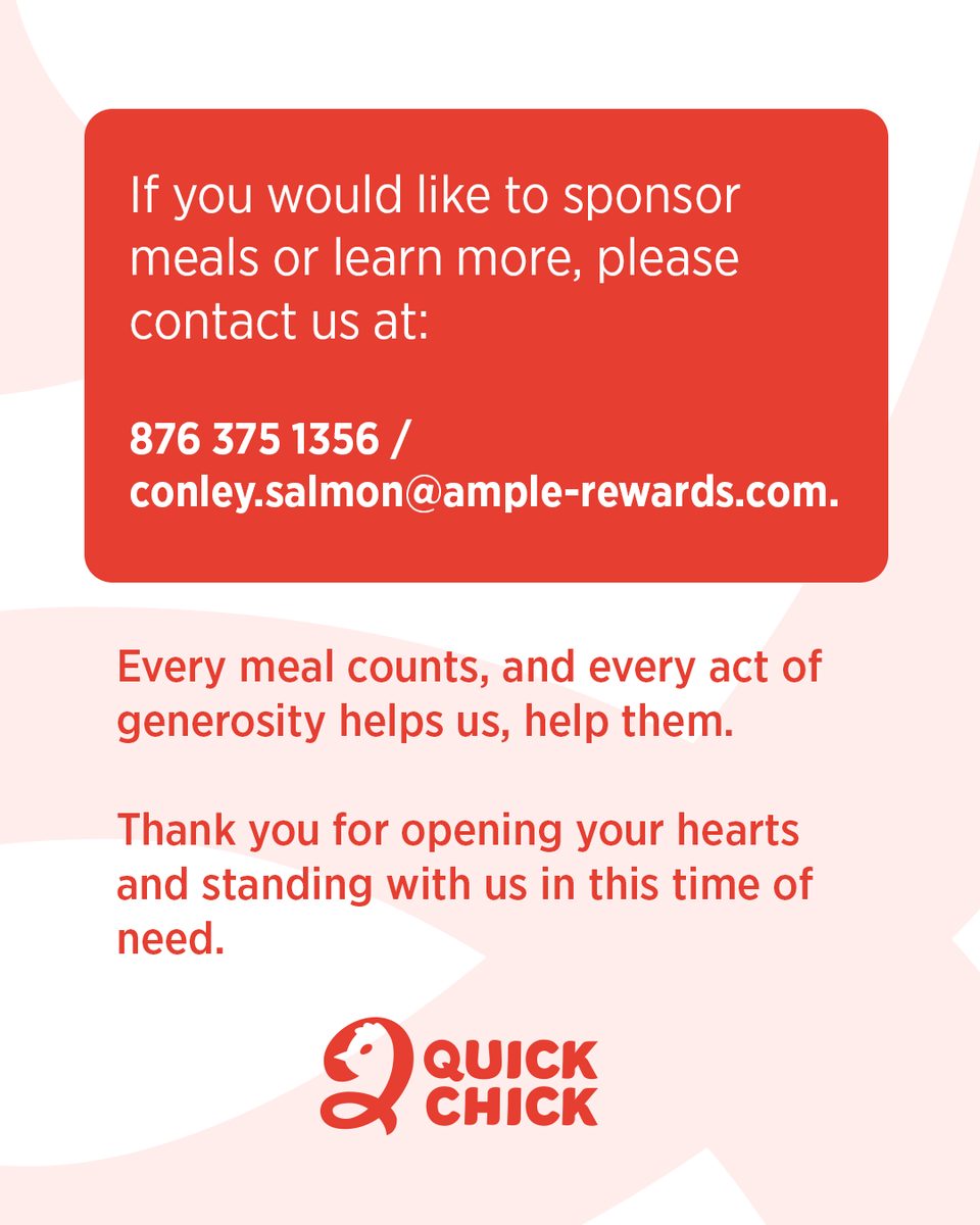 quickchickja's tweet photo. At Quick Chick , we believe that good food and compassion go hand in hand. If you would like to sponsor meals or learn more information , you can contact us at (876)375-1356 or send us an email at conley.salmon@ample-rewards.com.
#QuickChickJa https://t.co/Ra1m44otpg