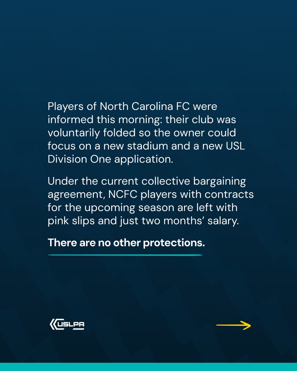 USLPlayers's tweet image. BREAKING: @NorthCarolinaFC folds ahead of next USL season.

The owner voluntarily shut down the team to focus on another business venture, leaving players with only 2 months’ pay under the CBA.

9 clubs have folded in the last decade. Players deserve better.

#StandUpForStandards