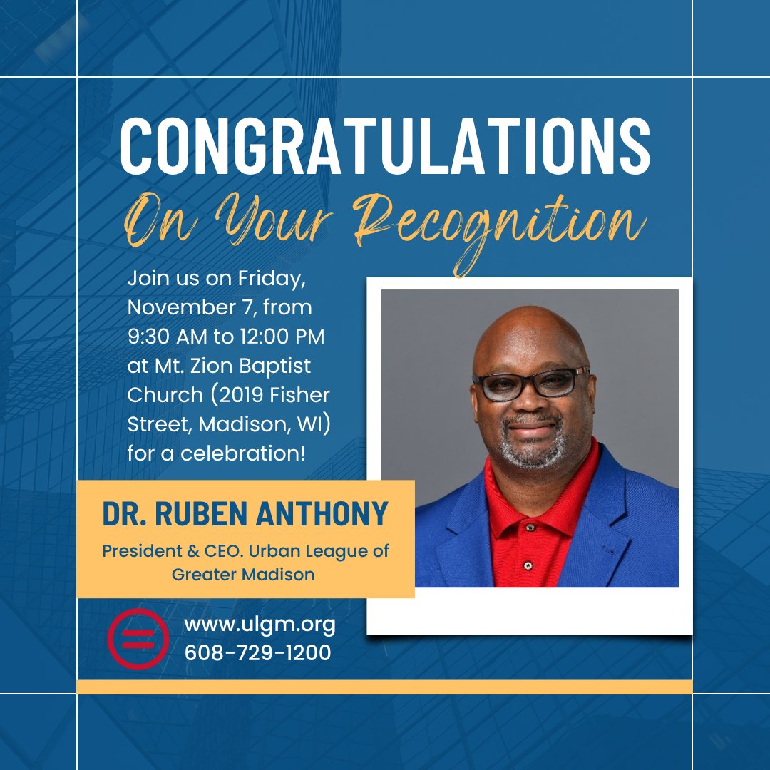 This Friday, Nov. 7, join us for CWU's #WorldCommunityDay as our President &amp; CEO, Dr. <a href="/rubenatonyjr/">Ruben L Anthony Jr</a>, is honored by Church Women United for his lasting impact on our community.

🕤 9:30 AM – 12:00 PM | 📍 Mt. Zion Baptist Church, 2019 Fisher St, Madison, WI
