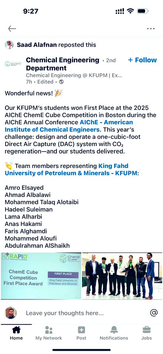 نبارك لفريق جامعة الملك فهد للبترول والمعادن (KFUPM) تحقيقهم المركز الأول في مسابقة AIChE ChemE Cube 2025 ضمن مؤتمر AIChE السنوي في بوسطن – الولايات المتحدة الأمريكية. 🇺🇸🎖️🇸🇦🇸🇦
Representing KFUPM with excellence and pride 👏
نبارك لمن مثّل الفريق بكل تميز:
عمرو السيد، محمد طلق