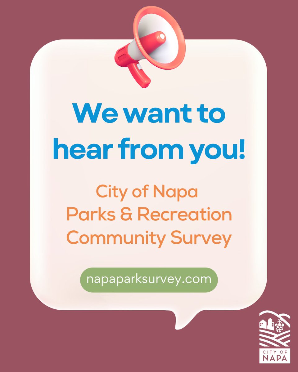 [para español👇] 🌟 Napa Residents — We Want to Hear from You! 🌟

This fall, the City of Napa launched a citywide community engagement program to better understand how our parks and recreation services can grow with YOU in mind. 🏞️
As part of this effort, we’ve just launched a