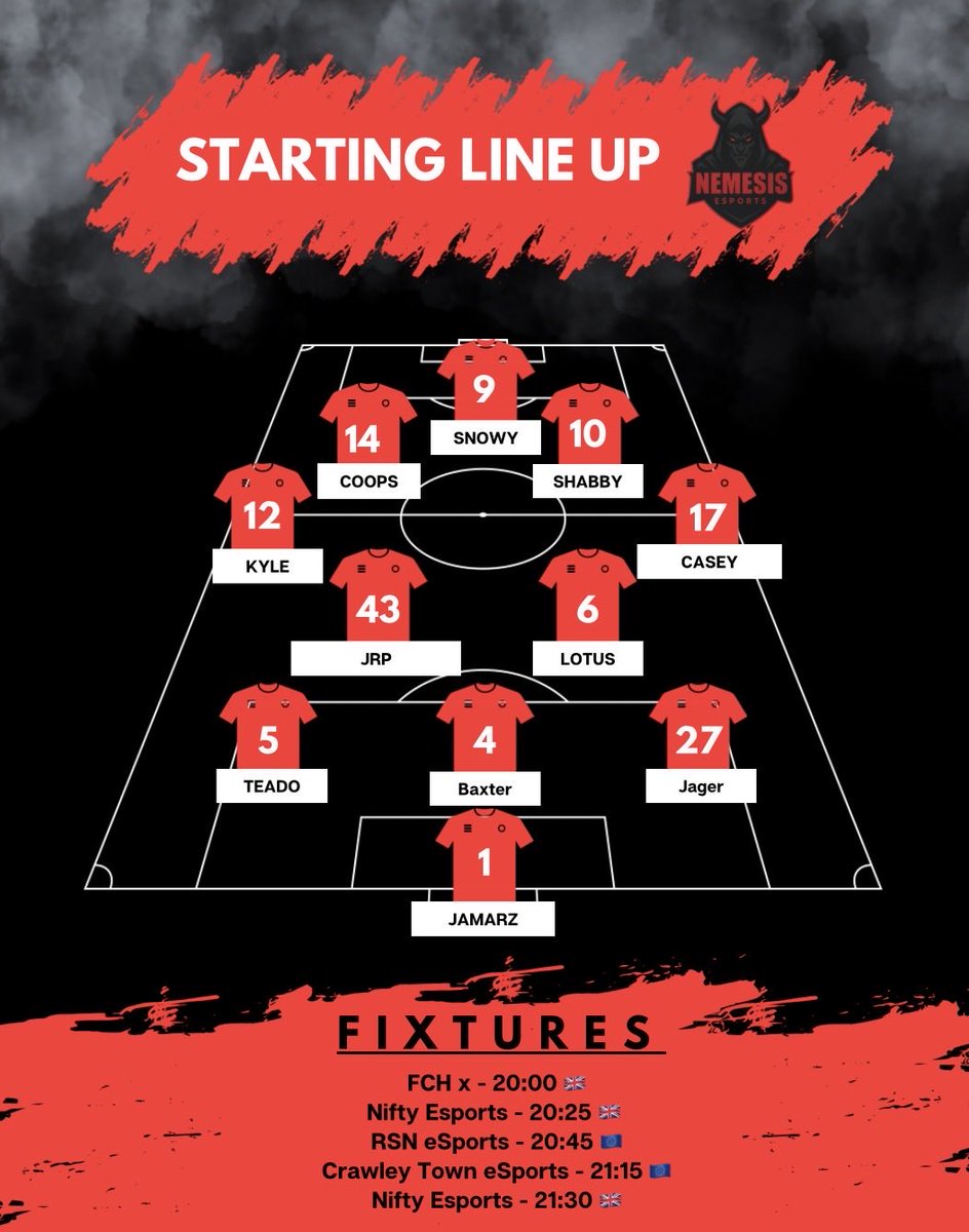 NemesisEsportss's tweet photo. Lets go up the nemesis 

Strong lineup hopefully it can do the job at getting those points, the lads have been playing some good football lets see if it carries on today

Good luck to all the teams we vs see you out on the field👀 https://t.co/VCC19Y7pbm