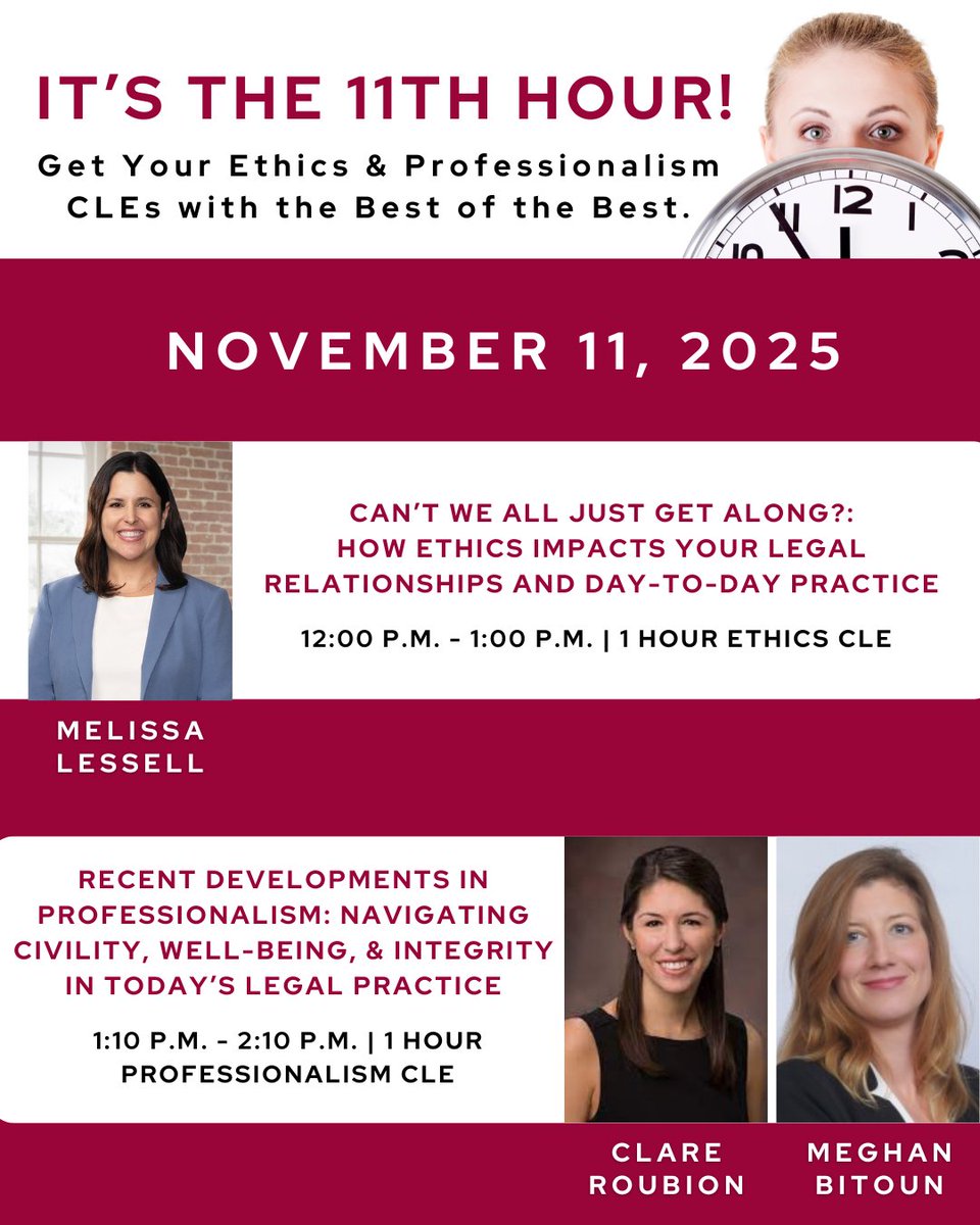 Our 11th Hour Ethics &amp; Professionalism (sm) CLEs begin on 11/11/25 at the NOBA Office with "Can't We All Just Get Along?: How Ethics Impacts Your Legal Relationships and Day-to-Day Practice" at 12 pm and "Recent Developments in Professionalism" at 1:10 pm  neworleansbar.org/11th-Hour