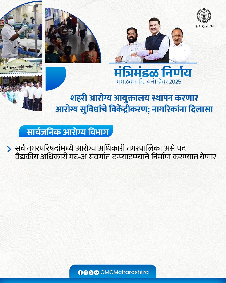 CMOMaharashtra's tweet image. मंत्रिमंडळ निर्णय : सार्वजनिक आरोग्य विभाग

@Dev_Fadnavis
#Maharashtra #DevendraFadnavis #मंत्रिमंडळनिर्णय #CabinetDecision