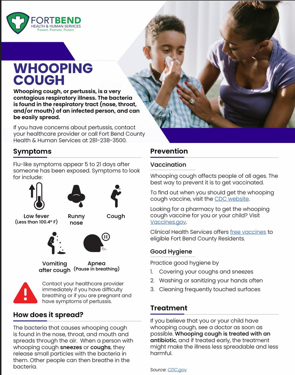 FortBendHealth's tweet image. Whooping cough (pertussis) cases are rising! 😷 Protect yourself and your loved ones stay up to date on your DTaP and Tdap vaccines. If you have a severe cough or “whoop,” see your healthcare provider. Learn more at cdc.gov/pertussis. #StopTheSpread