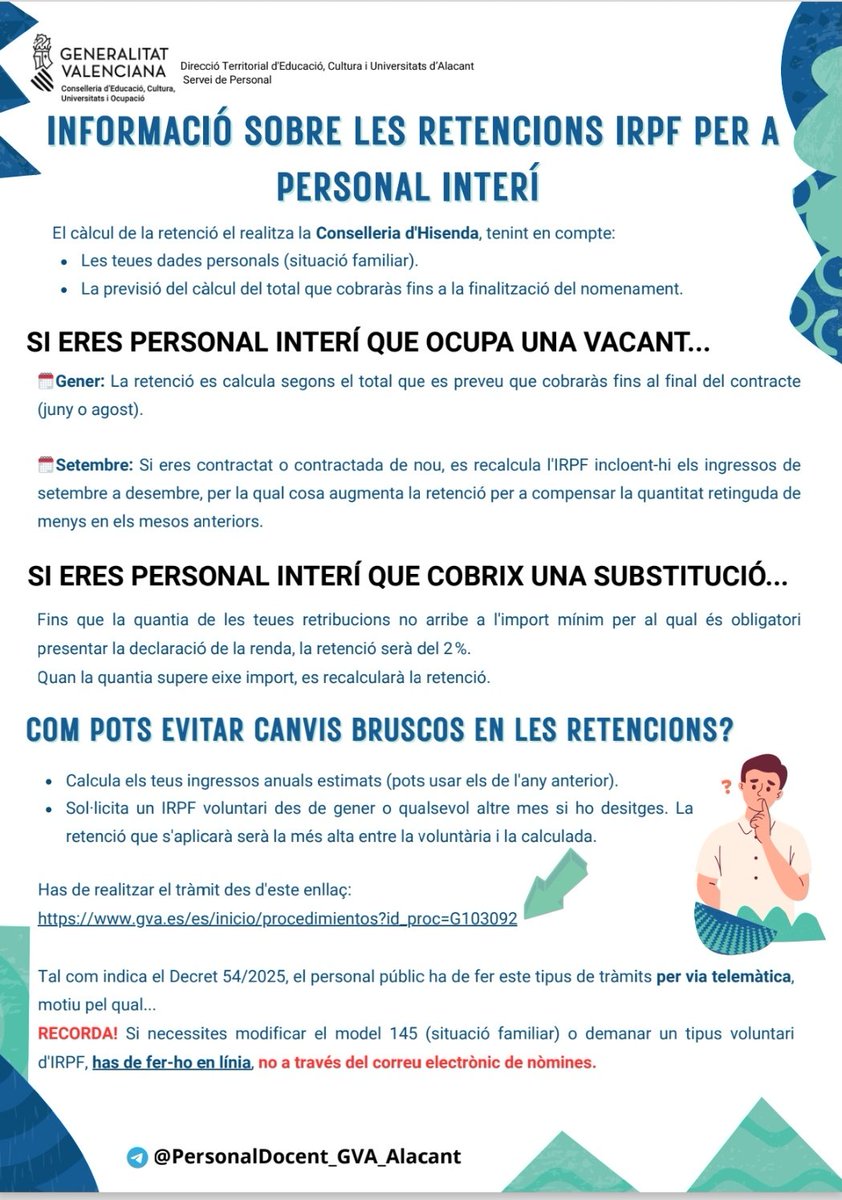 JorgePay1's tweet photo. #PersonalDocent #Interins #Alacant

🤔 ¿No entiendes por qué te retienen ese porcentaje de #IRPF? 😱

💡En la infografía te explicamos cómo se calcula la retención en las #nóminas de los docentes interinos.💸

✅️ Entiende tu nómina y evita sorpresas.
👇🏻
https://t.co/bXzKsOx2Tv https://t.co/7yqUV1rS58