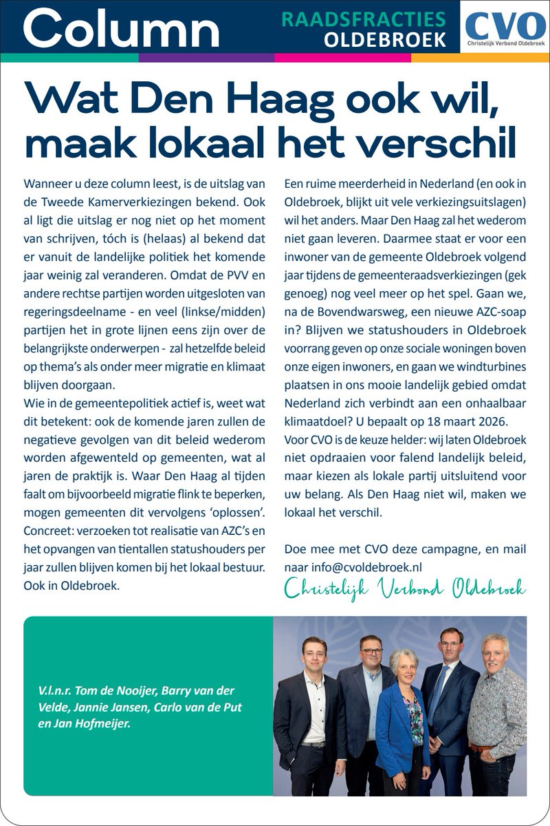 CVO-column in de krant! 🗞️

Een reflectie op de uitslag van de Tweede Kamerverkiezingen, en een vooruitblik richting de aankomende gemeenteraadsverkiezingen van 18 maart 2026.

Er staat wat op het spel.