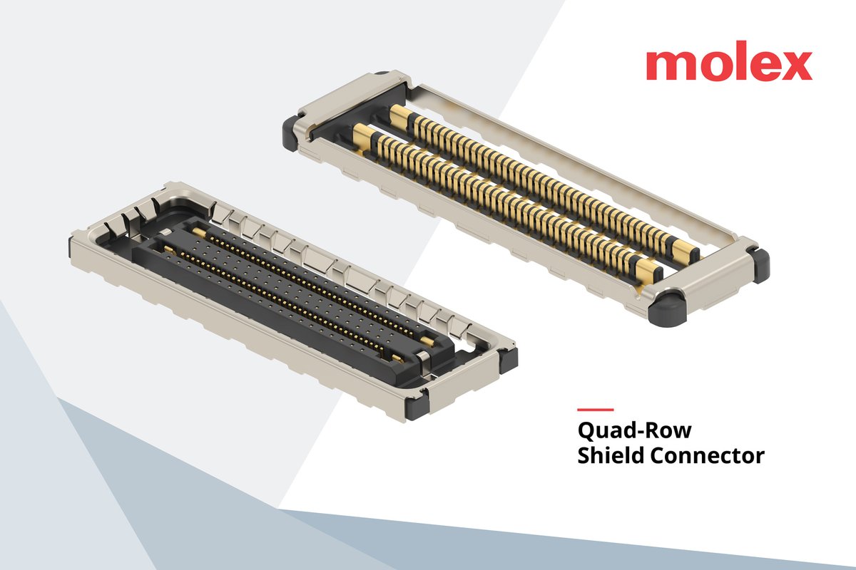 EDNcom's tweet image. Molex’s quad-row board-to-board #connectors feature EMI shields to reduce electromagnetic and RF interference, while saving board space. edn.com/board-to-board…