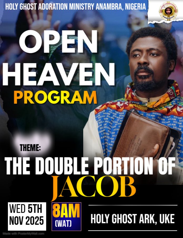 OPEN HEAVEN PROGRAM 🔥

Join us tomorrow for our open Heaven program 
Theme: THE DOUBLE PORTION OF JACOB

Get ready for a divine encounter that will usher you into the realm of double portion blessings. The same God who transformed Jacob’s story from struggle to overflow is about