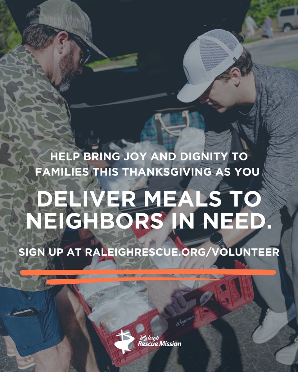 Thanksgiving is one of our biggest opportunities to serve our community—and we need YOU! 

All meal packing spots are filled, but we still need volunteers to deliver meals across Wake County on November 27.

Sign up today at raleighrescue.org/volunteer

#ServeWithUs #HopeInAction
