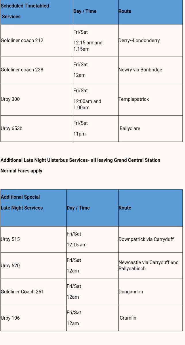 The weekend Night Bus service begins on Friday 28th November and will run every Friday/Saturday for at least the next year. Services will run from midnight to 2am.

Here are the metro routes across Belfast, as well as those leaving Belfast for elsewhere. Please share if you can.