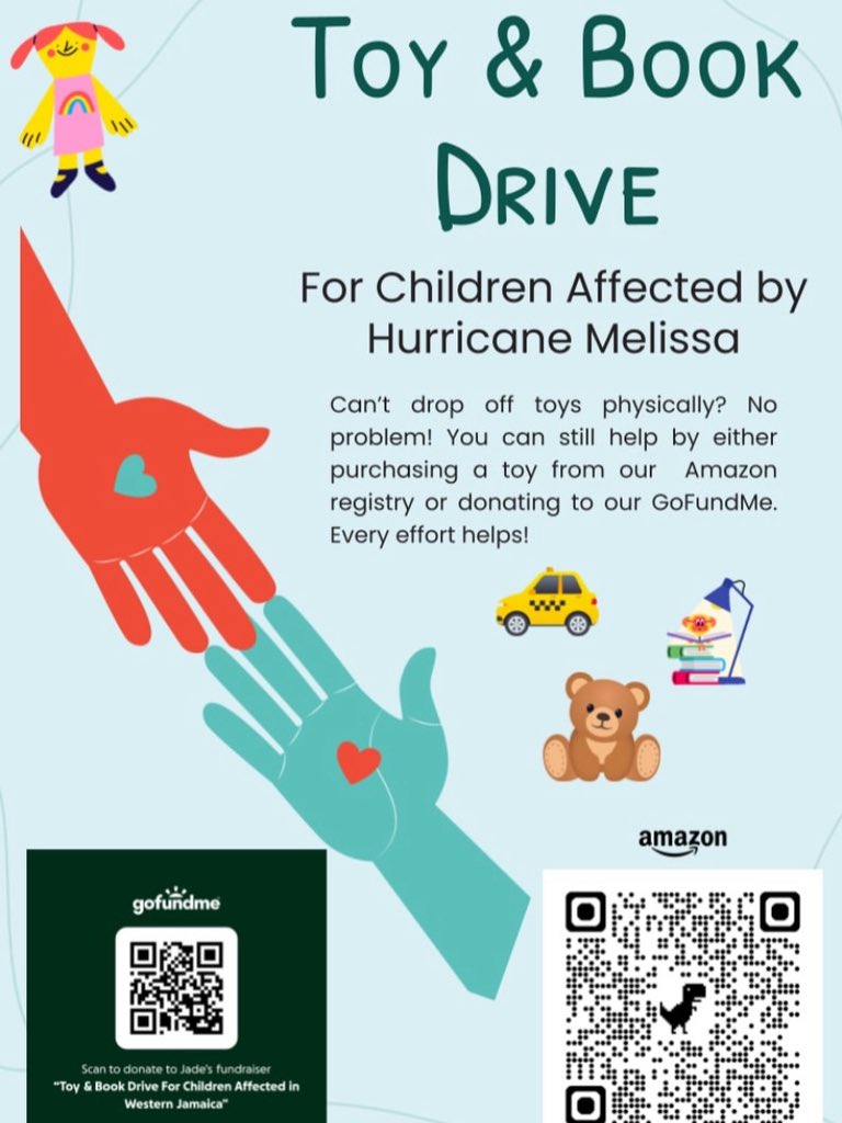 Join our Toy &amp; Book Drive for children in Jamaica affected by Hurricane Melissa. 

If you’re in Florida or Chicago, you can drop off donations at the locations listed. Otherwise, you can purchase from our Amazon registry or donate to our GoFundMe. 

Let us help bring smiles back.