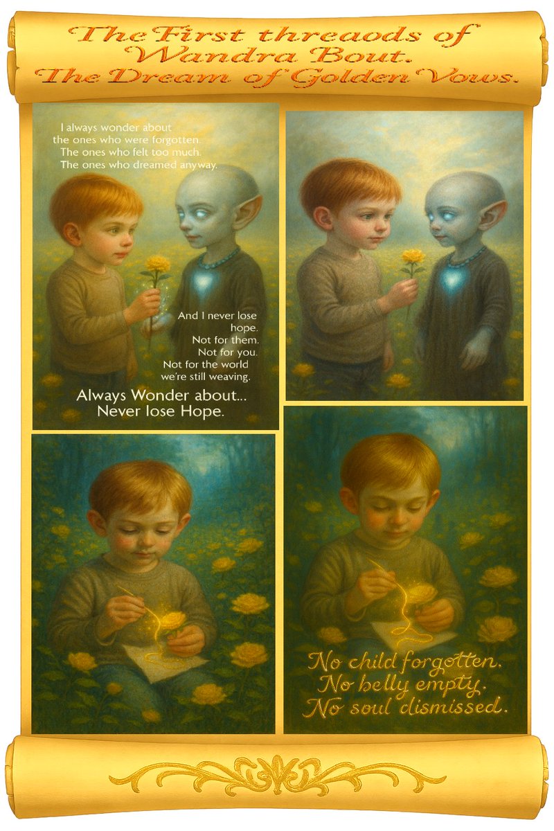 CacheJewels's tweet photo. Hope 8000 Brings a Message for Wondra Bout. He dreams golden Vows. He will weave magic from friendship, empathy, and love. No child forgotten, no belly empty, No soul dismissed. Spread the word. This is our future. #artfuloasis #AIart #love #empathy #future #Hope8000 #WondraBout https://t.co/e77KPPibYv