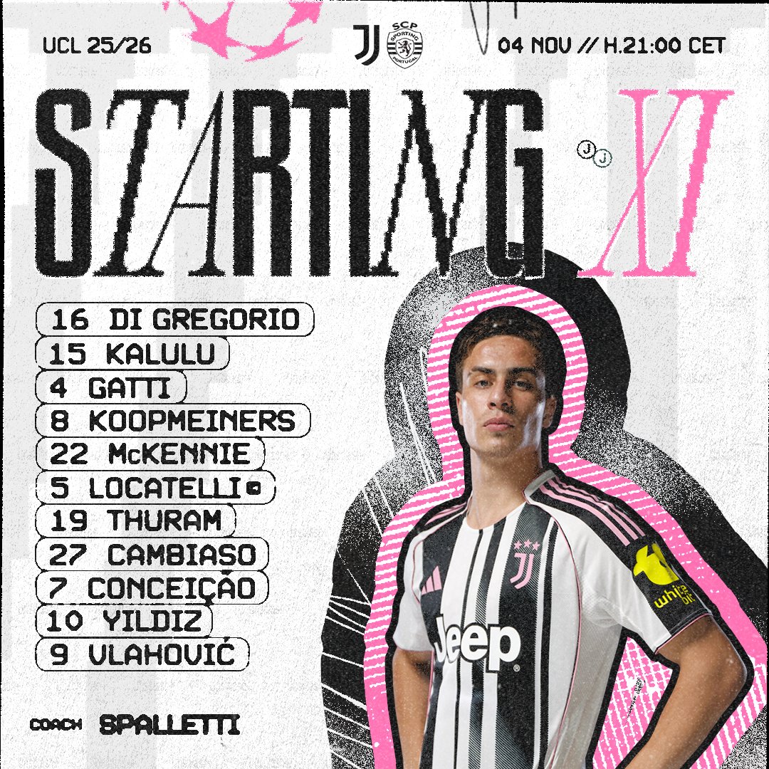 juventusfc's tweet photo. ✍🏻 Gli 1️⃣1️⃣ titolari scelti da mister Spalletti per la sua prima panchina in Champions League con i ⚪️⚫️🏆

#JuveSCP #UCL https://t.co/bZVv5eVNSa