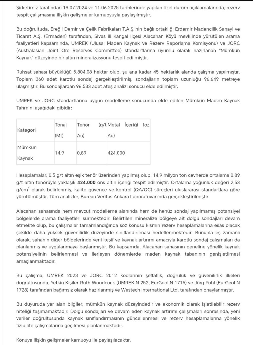 En alt paragrafın ilk cümlesinde ekonomik olarak işletilebilir kaynak düzeyinde değil diyor.

Dikkat etmek lazım.
#eregl