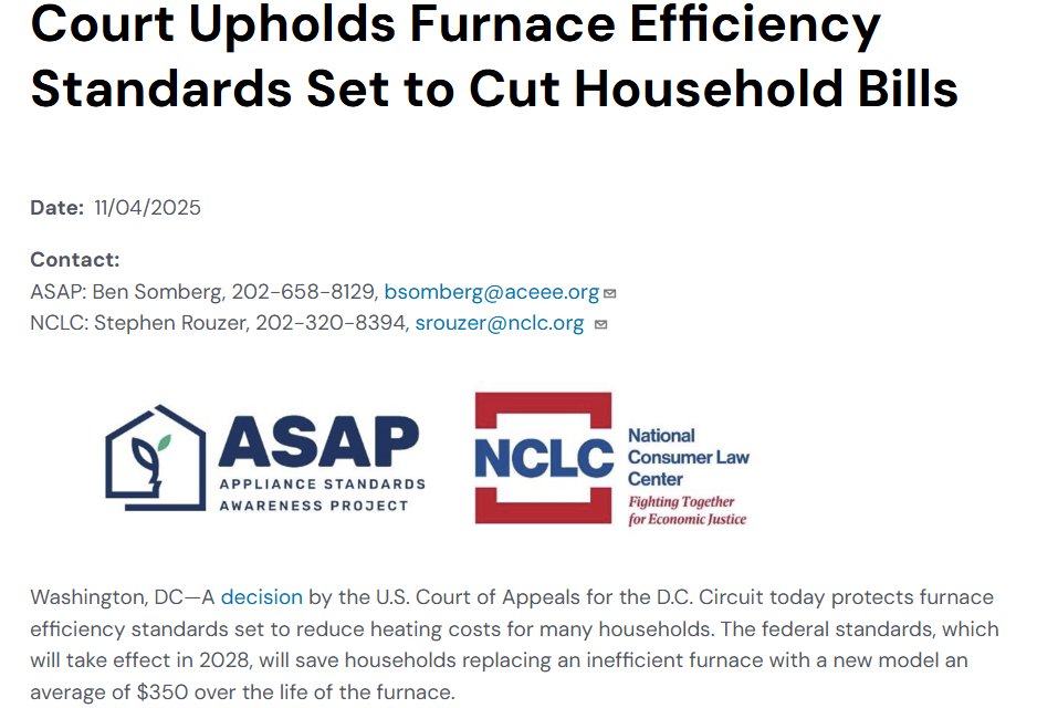 ASAPstandards's tweet image. A decision by the U.S. Court of Appeals for the DC Circuit protects furnace standards set to reduce heating costs for many households-- saving households replacing an inefficient furnace with a new model an average of $350 over the life of the furnace.

appliance-standards.org/document/court…