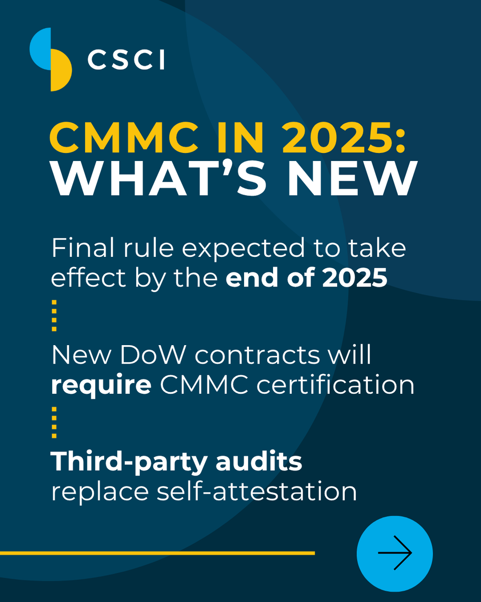 CSCIConsulting's tweet image. CMMC is finally here.   

With the DoW finalizing the rule, #CMMC compliance will soon be mandatory for new federal contracts, requiring most contractors to earn Level 2 through third-party audits.   

At CSCI, we’re ready to lead the way. Learn more: csciconsulting.com