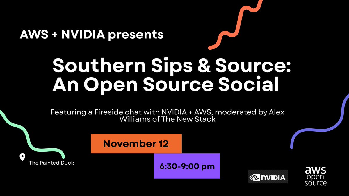 AWSOpen's tweet image. 🎳 Where Southern charm meets tech innovation! Join AWS and @NVIDIA for &apos;Southern Sips &amp;amp; Source&apos; at Atlanta&apos;s The Painted Duck during #KubeCon!

Dive into AI deployment with industry leaders Jesse Butler (AWS) and Nathan Taber (NVIDIA) while enjoying craft cocktails and premium…