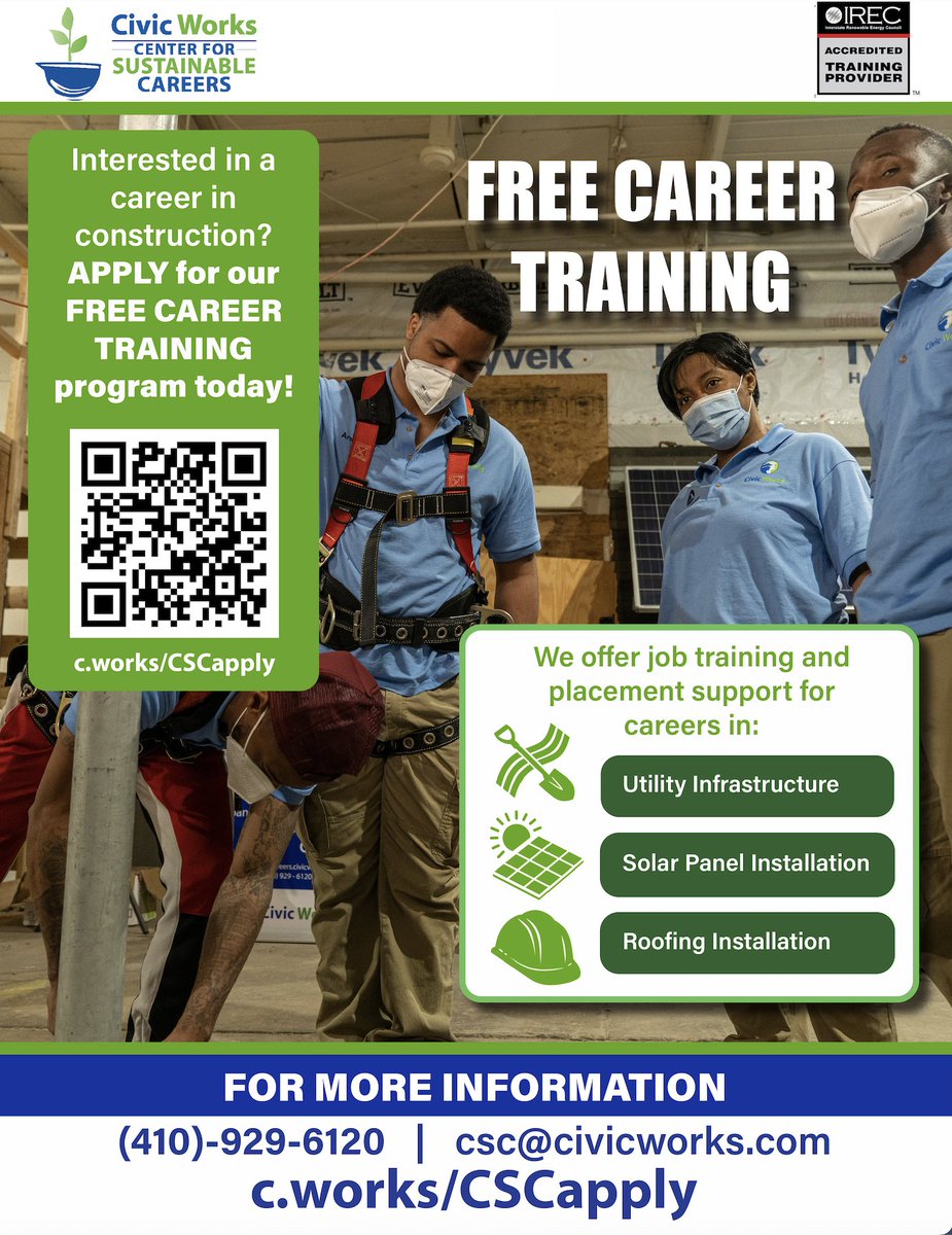 .<a href="/CivicWorksInc/">Civic Works, Inc.</a> offers FREE training in Utility Infrastructure, Solar Panel Installation, and Roofing Installation. NOW ENROLLING for January and February cohorts. 🙌🏽

Training occurs Monday-Fridays and new classes begin monthly! 🤩

Apply today ➡️ c.works/CSCapply