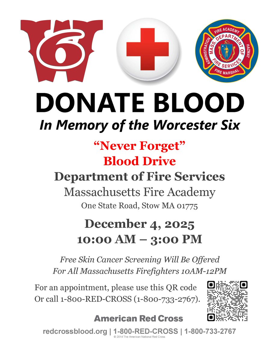 MassDFS's tweet image. DFS and the Mass Fire Academy are partnering with @RedCrossMA to host a blood drive next month in memory of the Worcester Six. We invite everyone to honor their ultimate sacrifice and help fill a critical shortage to help save lives. Register at ow.ly/iTxl50XkTZG.